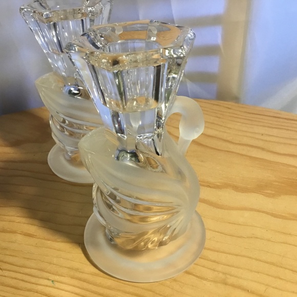 1980's Vintage Party Line Lead Crystal Frosted and Clear Swan Candle Holders - Picture 2 of 9